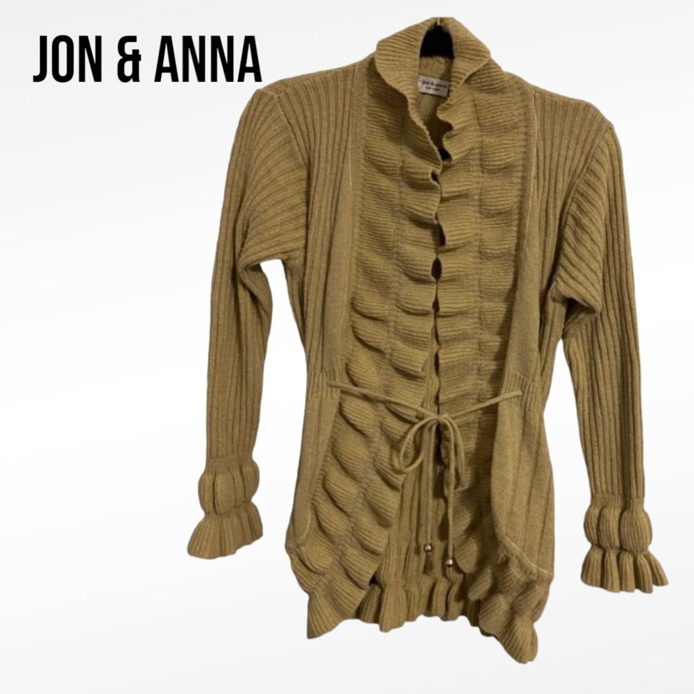 JON & ANNA Medium Tan RUFFLE CARDIGAN SWEATER Drawstring Tie Belt EUC Balletcore